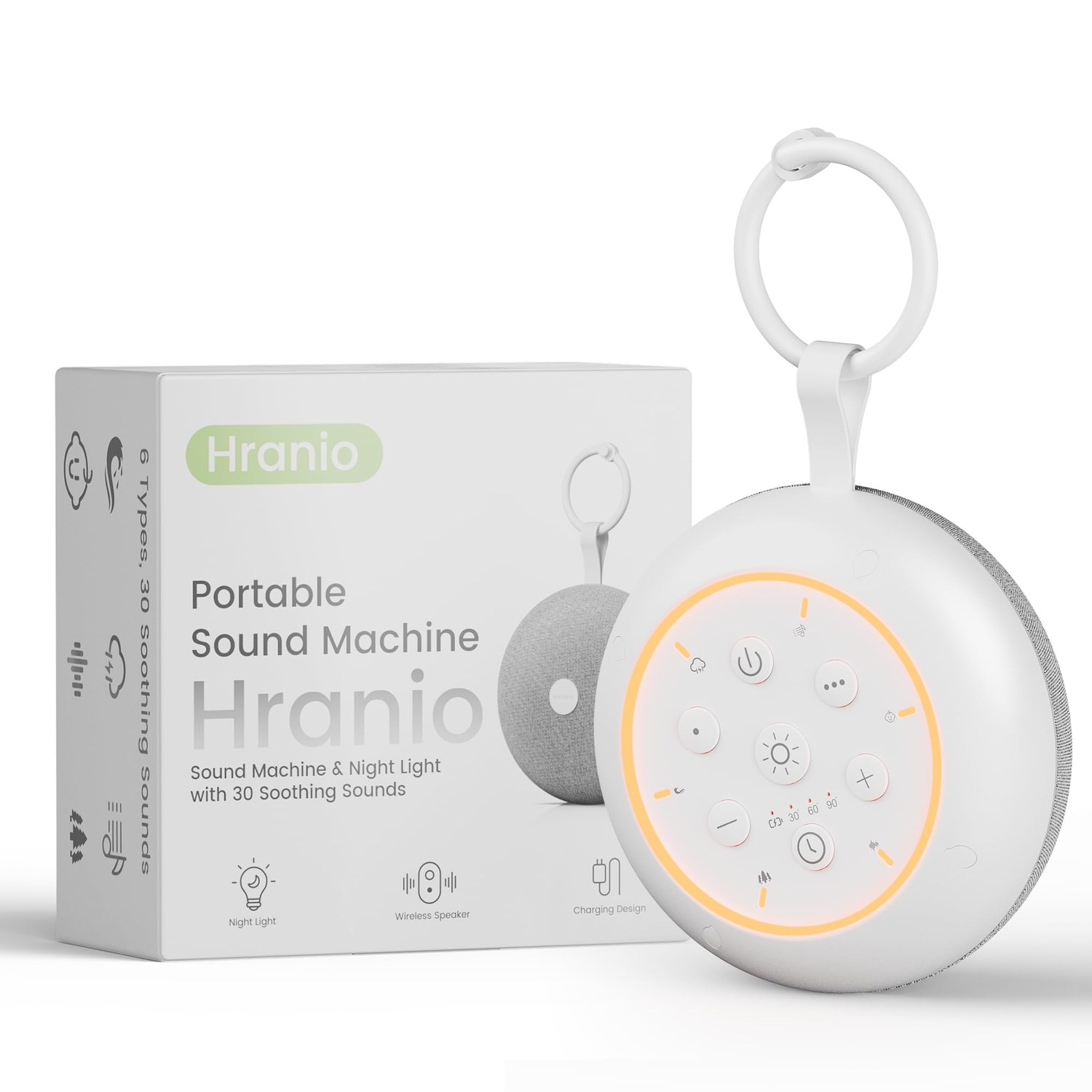 Hranio CS11 white noise machine shown with its dimmable night light glowing