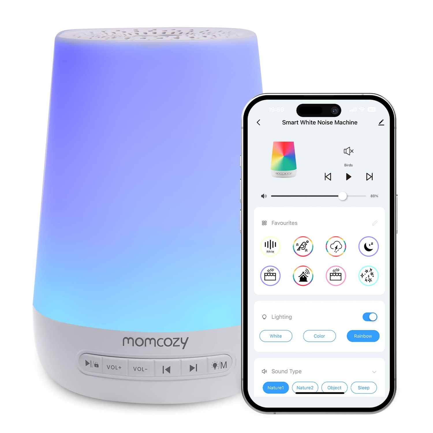Momcozy app-controlled sound machine glowing with its 7-colour lamp active