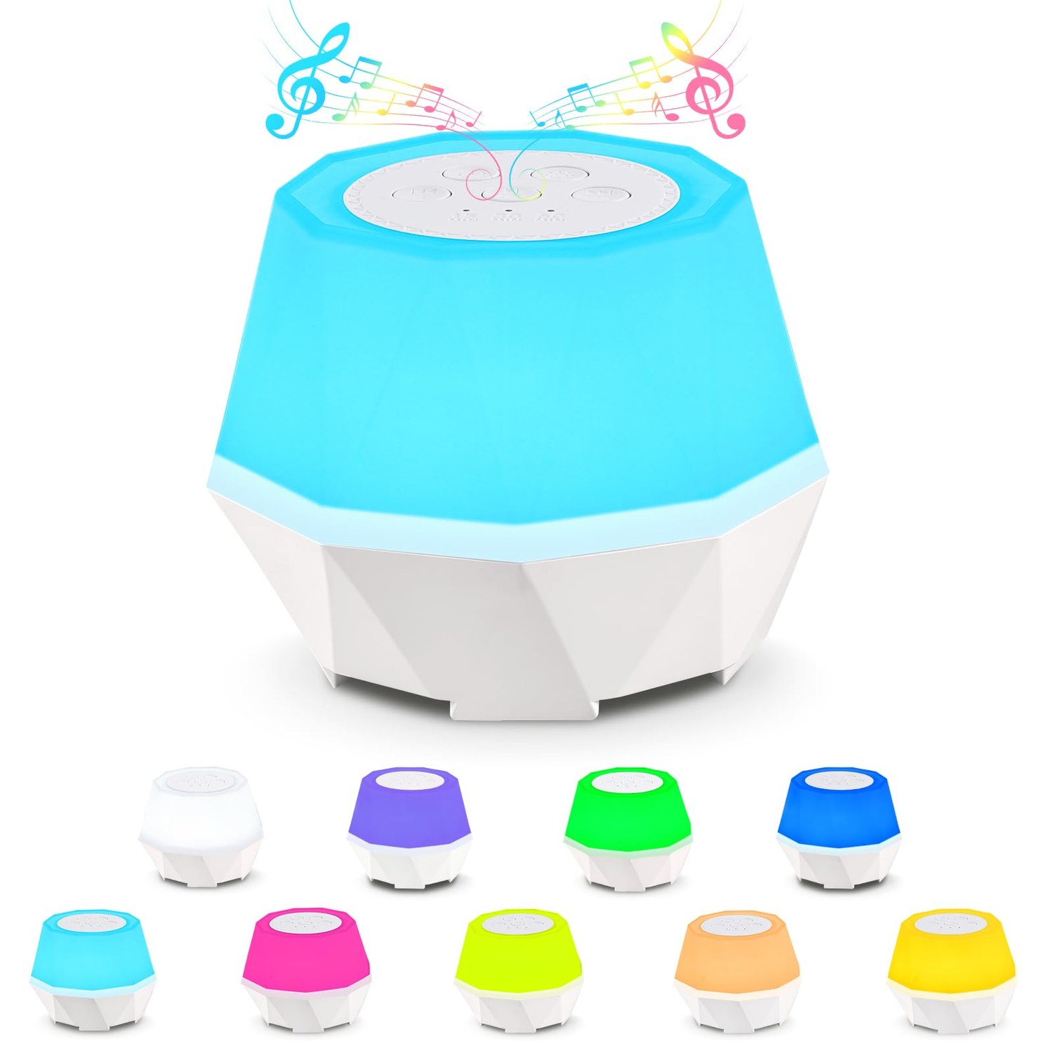 URAQT white noise machine shown glowing in its purple light mode