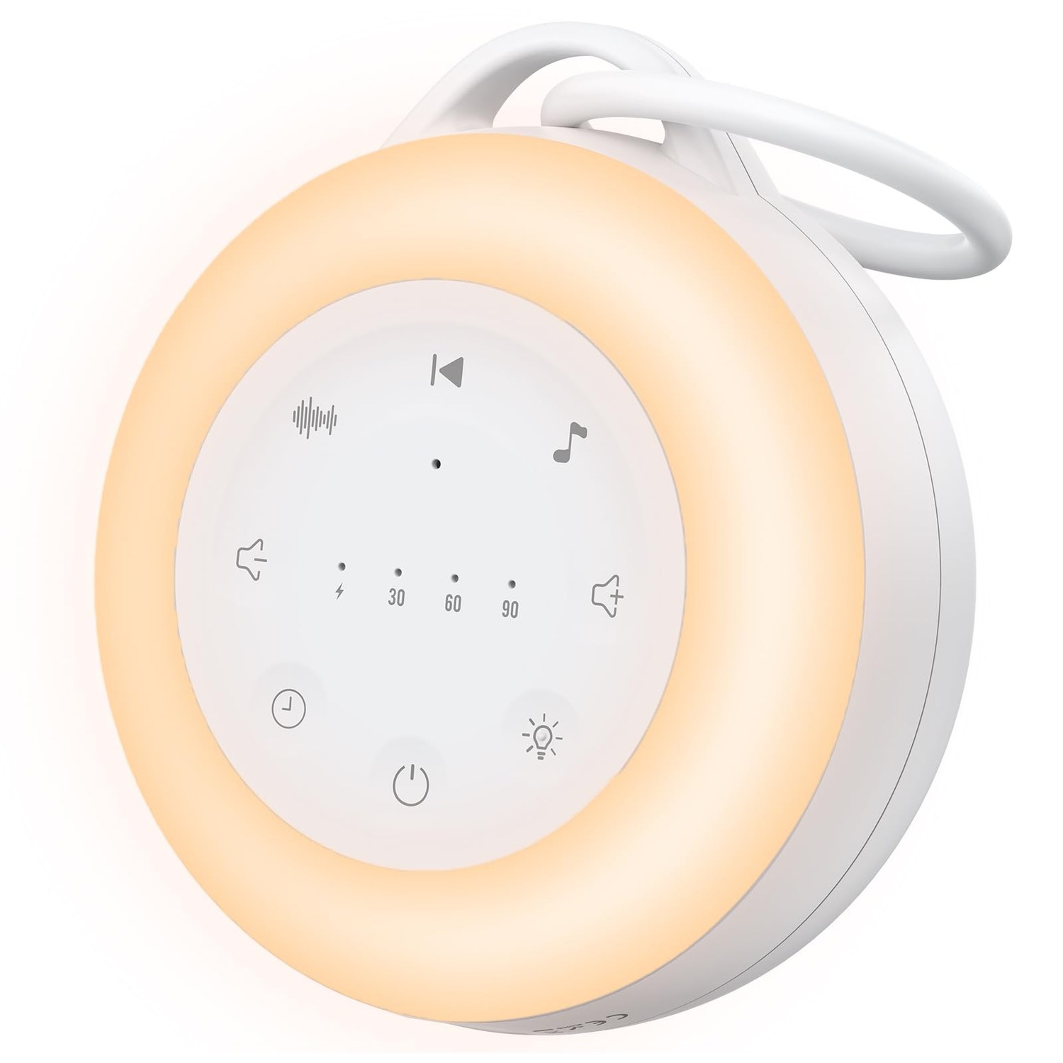 YGiTK white noise machine shown glowing with its adjustable night light