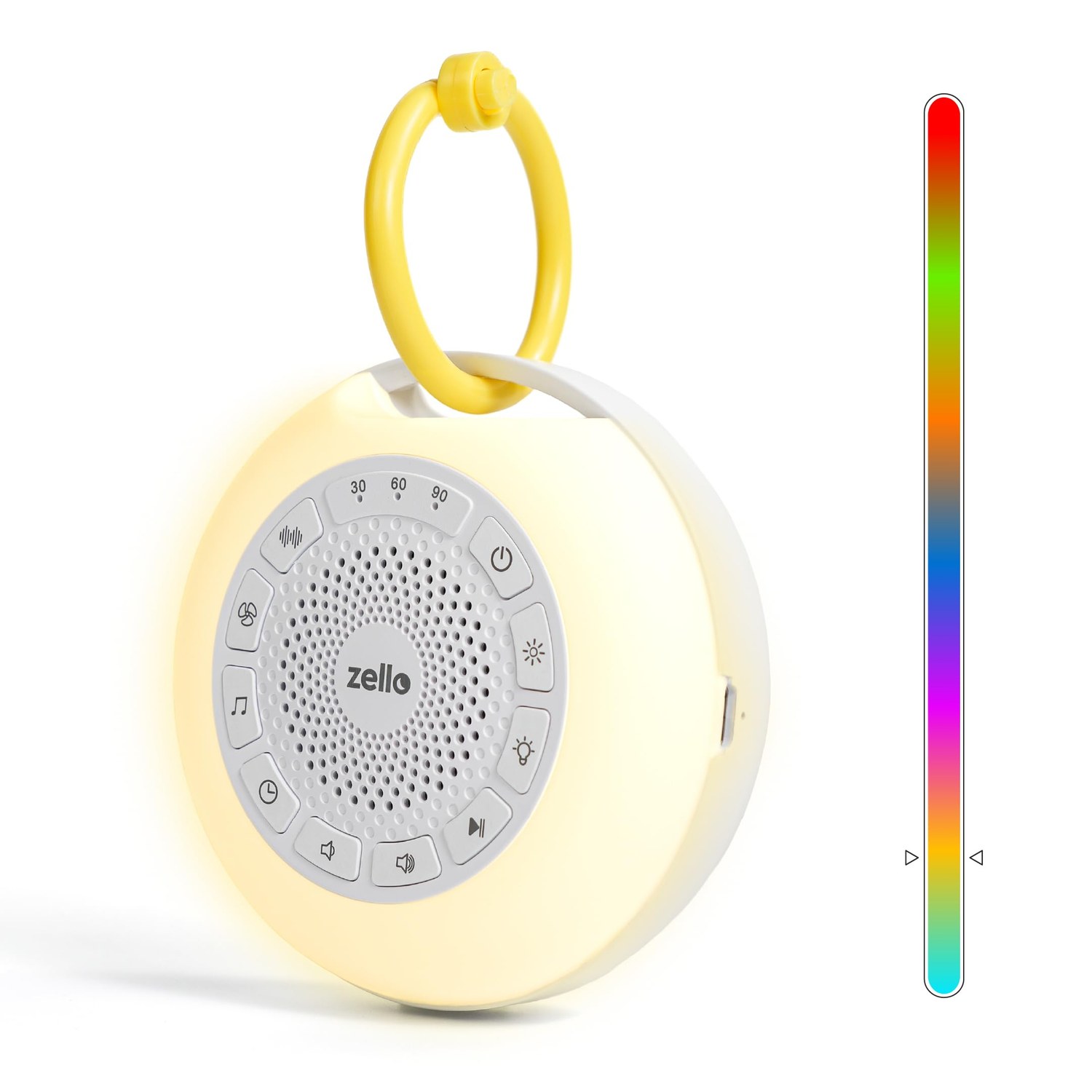 Zello Portable Pro Max white noise machine glowing with its warm red night light