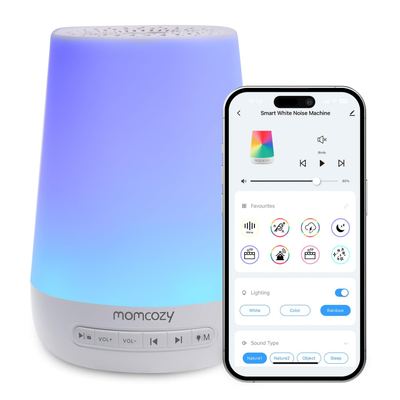 Momcozy app-controlled sound machine glowing with its 7-colour lamp active
